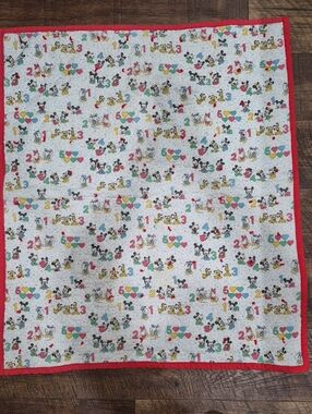 Vintage Handmade Disney Mickey Mouse Baby Blanket Hand Tied Quilt With Redwork